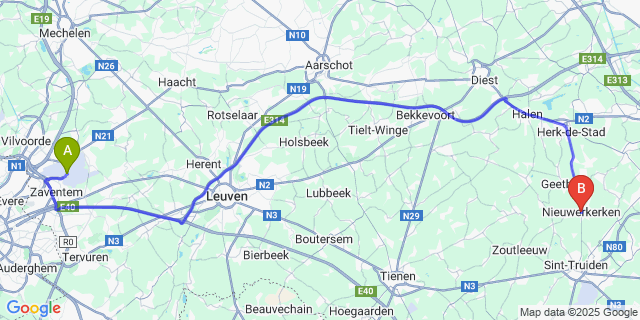 Map: Brussels Zaventem Airport (BRU) to Nieuwerkerken
