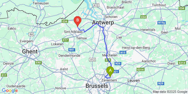 Map: Brussels Zaventem Airport (BRU) to Nieuwerkerken-Waas