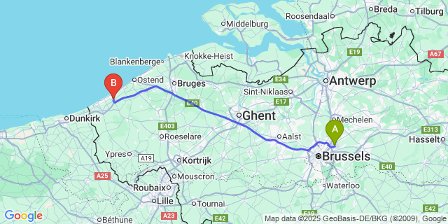 Map: Brussels Zaventem Airport (BRU) to Nieuwpoort