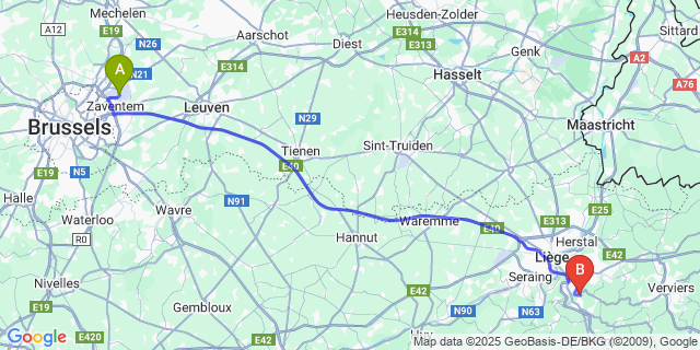 Map: Brussels Zaventem Airport (BRU) to Ninane