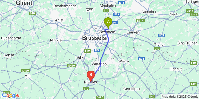 Map: Brussels Zaventem Airport (BRU) to Nivelles