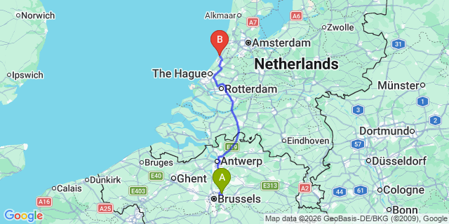 Map: Brussels Zaventem Airport (BRU) to Noordwijk