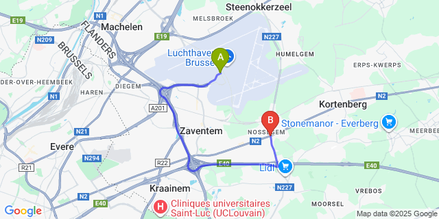 Map: Brussels Zaventem Airport (BRU) to Nossegem