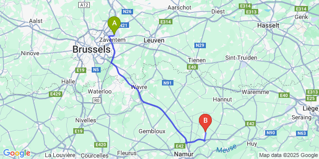 Map: Brussels Zaventem Airport (BRU) to Noville-les-Bois