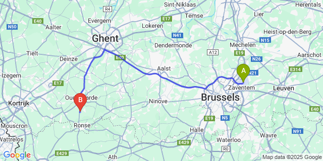 Map: Brussels Zaventem Airport (BRU) to Nukerke