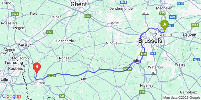 Map: Brussels Zaventem Airport (BRU) to Obigies