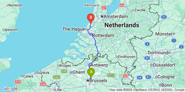 Map: Brussels Zaventem Airport (BRU) to Oegstgeest