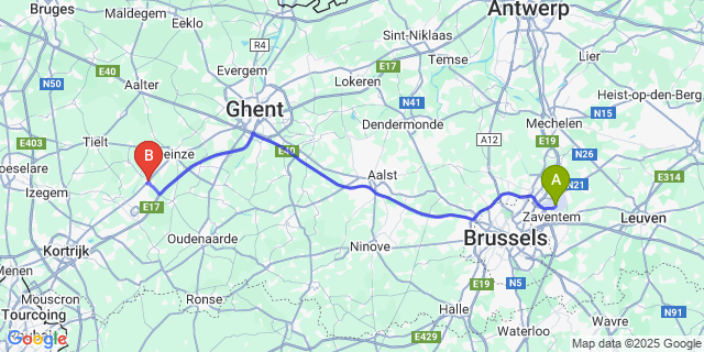 Map: Brussels Zaventem Airport (BRU) to Olsene