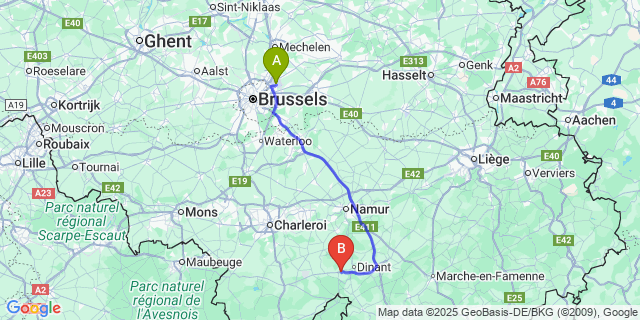 Map: Brussels Zaventem Airport (BRU) to Onhaye