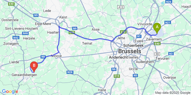 Map: Brussels Zaventem Airport (BRU) to Onkerzele
