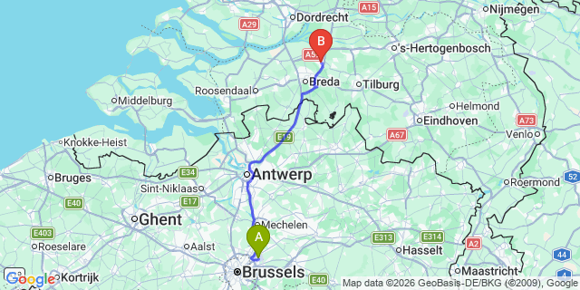 Map: Brussels Zaventem Airport (BRU) to Oosterhout