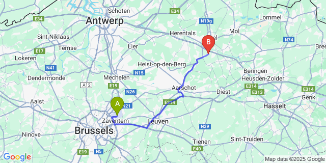 Map: Brussels Zaventem Airport (BRU) to Oosterlo