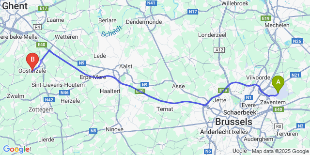 Map: Brussels Zaventem Airport (BRU) to Oosterzele