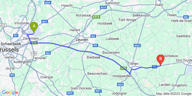Map: Brussels Zaventem Airport (BRU) to Orsmaal-Gussenhoven