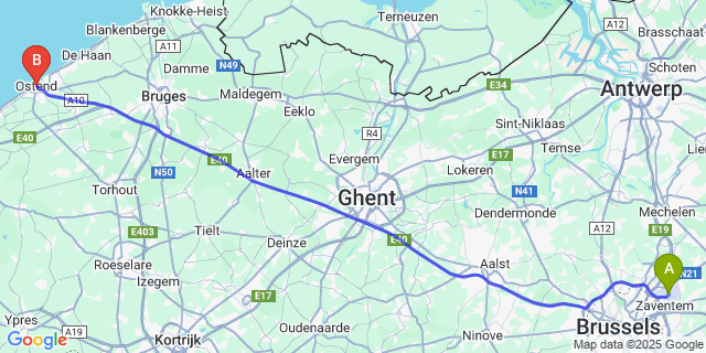 Map: Brussels Zaventem Airport (BRU) to Ostend