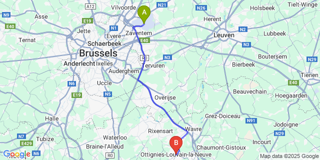 Map: Brussels Zaventem Airport (BRU) to Ottignies
