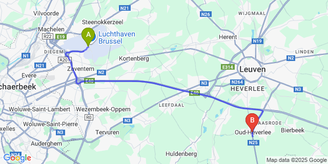 Map: Brussels Zaventem Airport (BRU) to Oud-Heverlee