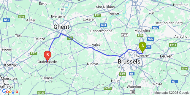 Map: Brussels Zaventem Airport (BRU) to Oudenaarde
