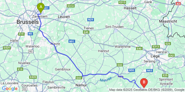 Map: Brussels Zaventem Airport (BRU) to Ouffet