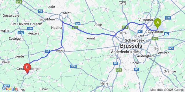 Map: Brussels Zaventem Airport (BRU) to Overboelare