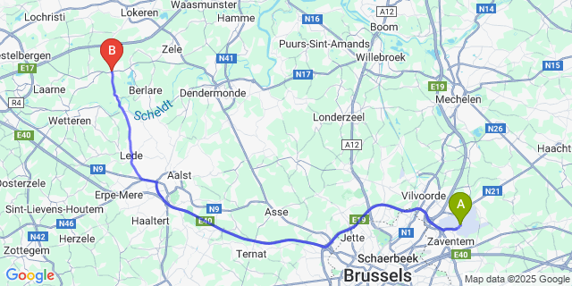 Map: Brussels Zaventem Airport (BRU) to Overmere