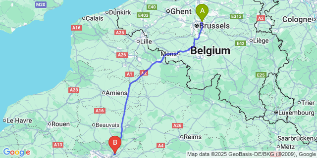 Map: Brussels Zaventem Airport (BRU) to Paris CDG Airport