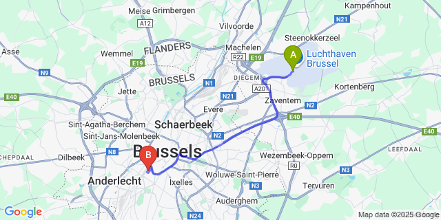 Map: Brussels Zaventem Airport (BRU) to Park Inn by Radisson Brussels Centre Midi
