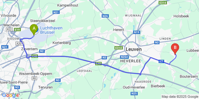 Map: Brussels Zaventem Airport (BRU) to Pellenberg