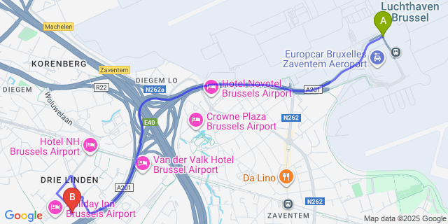 Map: Brussels Zaventem Airport (BRU) to Pentahotel Brussels Airport