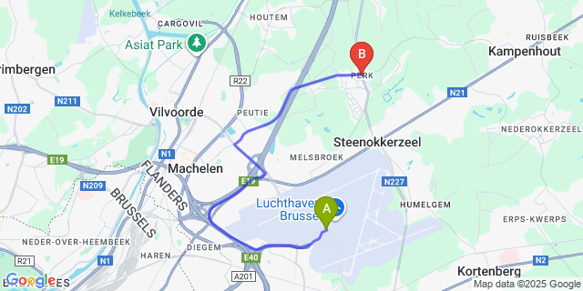 Map: Brussels Zaventem Airport (BRU) to Perk