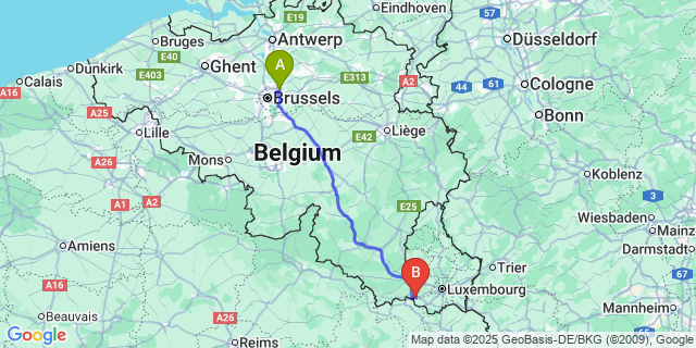 Map: Brussels Zaventem Airport (BRU) to Pétange