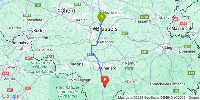 Map: Brussels Zaventem Airport (BRU) to Philippeville