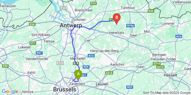 Map: Brussels Zaventem Airport (BRU) to Poederlee