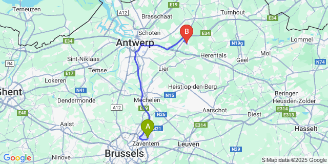 Map: Brussels Zaventem Airport (BRU) to Pulderbos