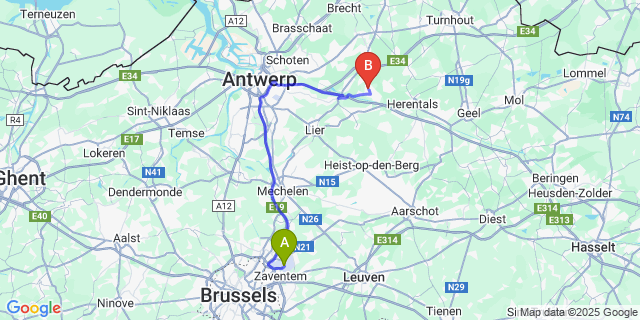 Map: Brussels Zaventem Airport (BRU) to Pulle