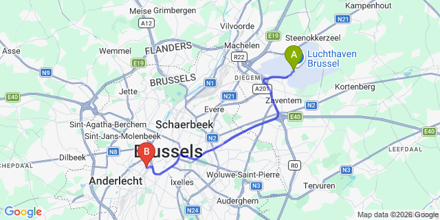 Map: Brussels Zaventem Airport (BRU) to Pullman Brussels Centre Midi