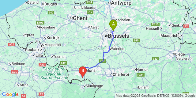 Map: Brussels Zaventem Airport (BRU) to Quévy-le-Petit