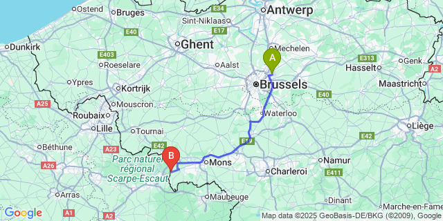 Map: Brussels Zaventem Airport (BRU) to Quiévrain