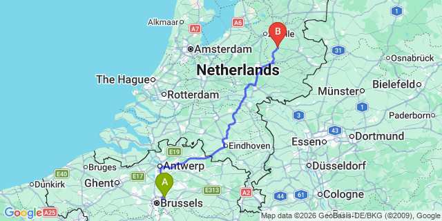Map: Brussels Zaventem Airport (BRU) to Raalte