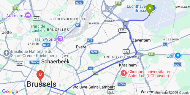 Map: Brussels Zaventem Airport (BRU) to Radisson Collection Grand Place Brussels