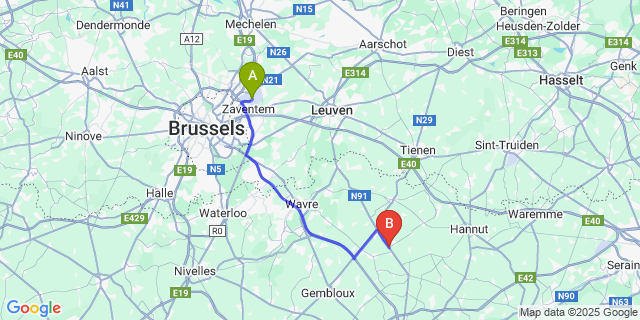 Map: Brussels Zaventem Airport (BRU) to Ramillies
