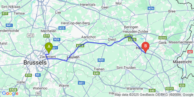 Map: Brussels Zaventem Airport (BRU) to Rapertingen