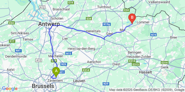 Map: Brussels Zaventem Airport (BRU) to Rauw