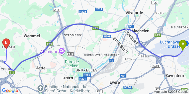 Map: Brussels Zaventem Airport (BRU) to Relegem