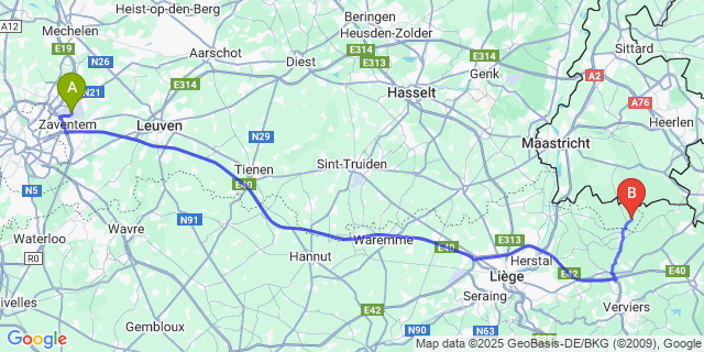 Map: Brussels Zaventem Airport (BRU) to Remersdaal