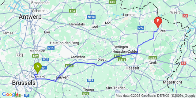 Map: Brussels Zaventem Airport (BRU) to Reppel