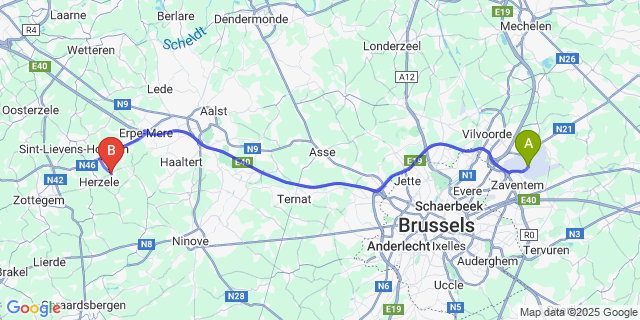 Map: Brussels Zaventem Airport (BRU) to Ressegem