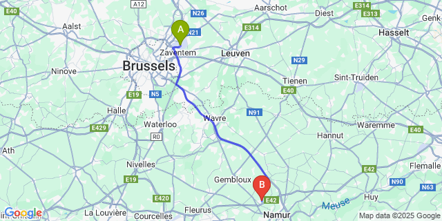 Map: Brussels Zaventem Airport (BRU) to Rhisnes
