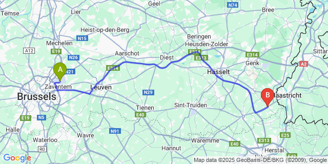 Map: Brussels Zaventem Airport (BRU) to Riemst