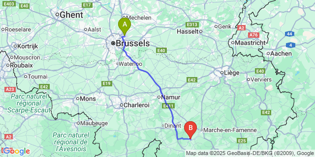 Map: Brussels Zaventem Airport (BRU) to Rochefort